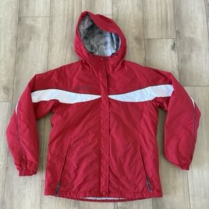 Columbia Red White Ski‎ Jacket Womens Large Hooded Winter Coat